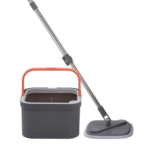 BonKaso 360° Spin Mop with Square Bucket Deluxe System Set and Reusable Microfiber Pads for Wet & Dry Glass, Wall, Tile and Home Floor Cleaning - Grey and Orange - Image 1