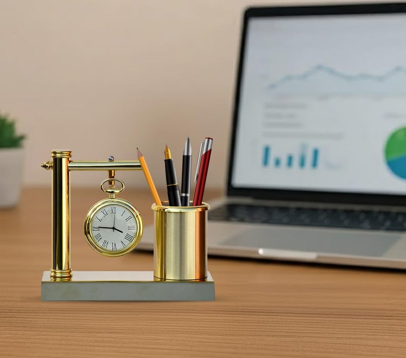 Saugat Traders Metal Hanging Table Clock with Pen Stand for Office Desk Organiser, Study Table Pencil Holder Home Decor Diwali New Year Corporate Gift for Client, Employee Office Decorative Gift Watch - Image 4