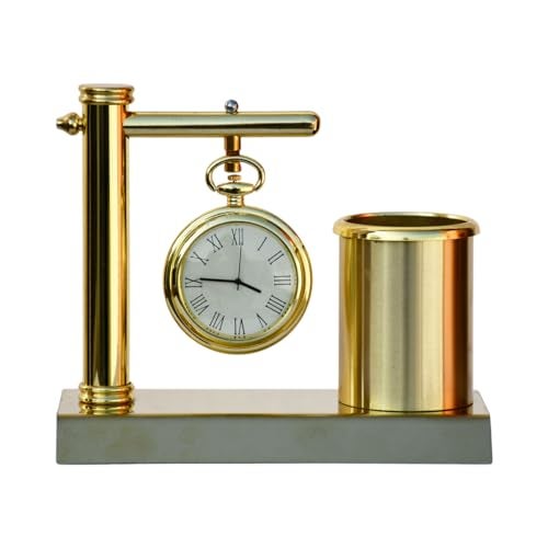 Saugat Traders Metal Hanging Table Clock with Pen Stand for Office Desk Organiser, Study Table Pencil Holder Home Decor Diwali New Year Corporate Gift for Client, Employee Office Decorative Gift Watch - Image 1