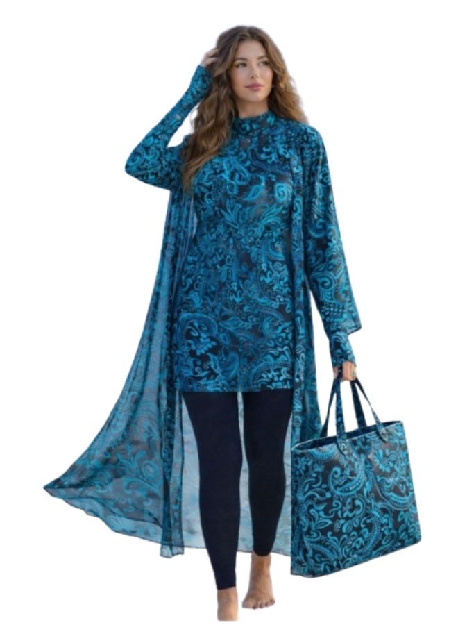 Modest burkini swimsuit for veiled women - Turquoise color - 5 pieces