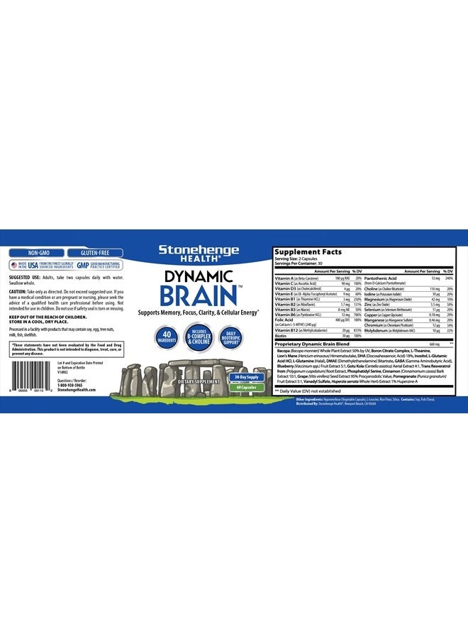 Stonehenge Health - Dynamic Brain Supplement – Memory, Focus, & Clarity– Formulated with 40 Unique Nootropic Ingredients: Choline, Phosphatidylserine, Bacopa Monnieri, and Huperzine A - Image 1