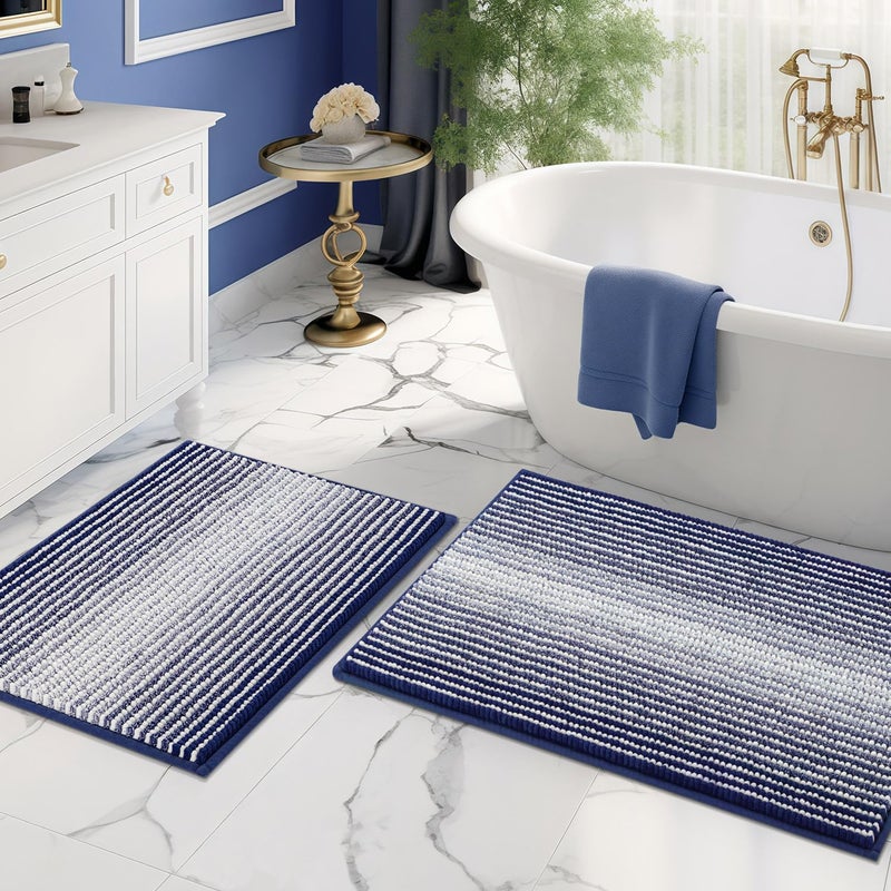 BSICPRO Bathroom Rugs and Mats Sets 2 Piece Thick Absorbent Chenille Bath Mat Rug Set Non Slip Soft Shaggy Bath Room Floor Mats for Bathroom Machine Washable 20 x 32 Plus 16 x 24 Navy