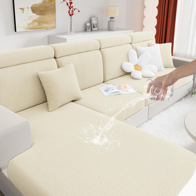 hyha Waterproof Couch Cushion Covers, Wear Resistant Couch Cover, Anti Slip Sofa Slipcovers Washable, Soft Thick Jacquard Furniture Protector for Pets Dog (3 Packs, Beige) - Image 1