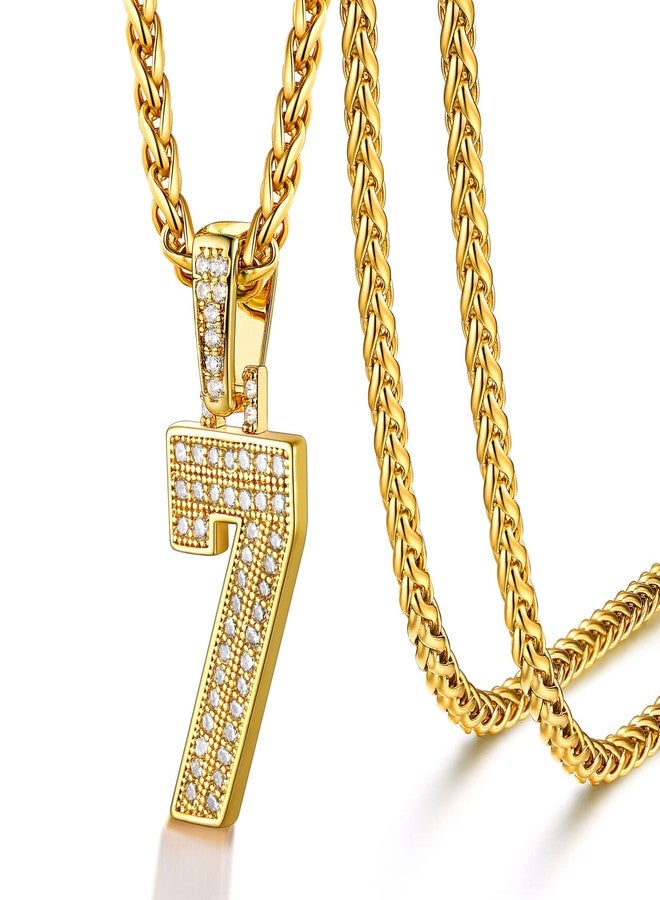 U7 Gold Initial Number Necklace for Men Women, 18K Gold/Silver Plated Diamond CZ Letter Pendant Necklace Big A-Z 0-9 Hip Hop Jersey, Customerized Letter Wheat Chain 22 Inch for Athletes Rappers, 07. 7 - Image 1