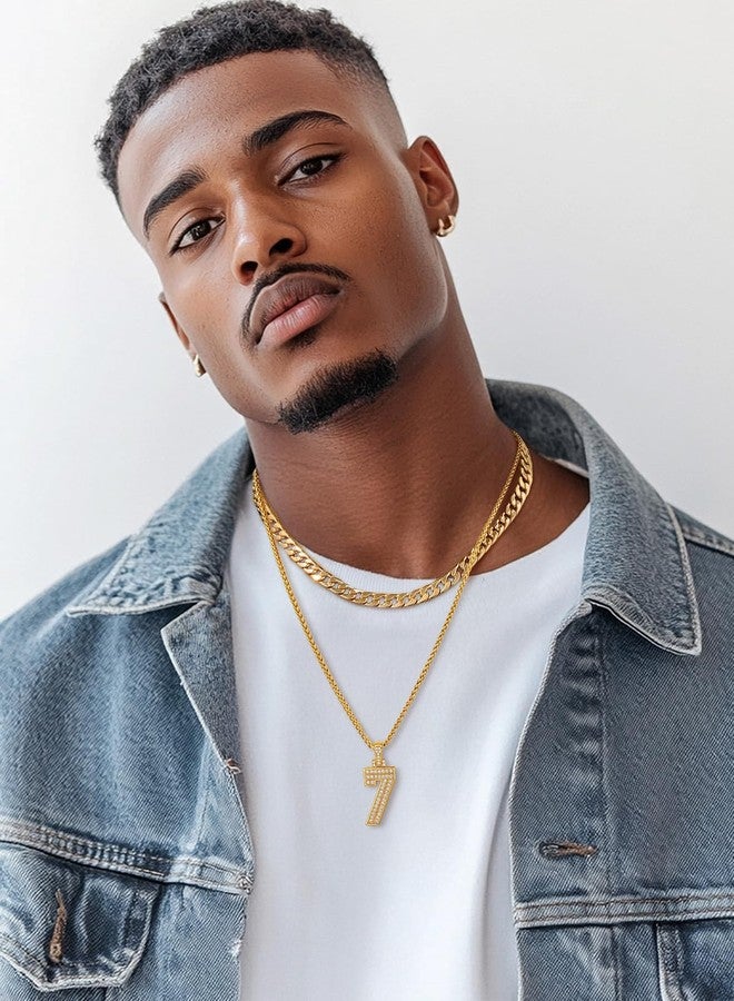 U7 Gold Initial Number Necklace for Men Women, 18K Gold/Silver Plated Diamond CZ Letter Pendant Necklace Big A-Z 0-9 Hip Hop Jersey, Customerized Letter Wheat Chain 22 Inch for Athletes Rappers, 07. 7 - Image 2