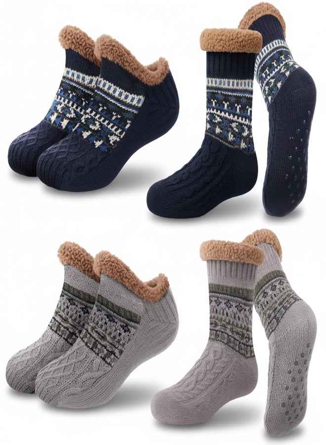 Cutecrop 4 Pairs Fuzzy Socks for Men Women Fleece Lined Thick Slipper Socks Christmas Stocking Stuffers Gifts(8-10 Women/7-9 Men,Grey,Blue) - Image 1