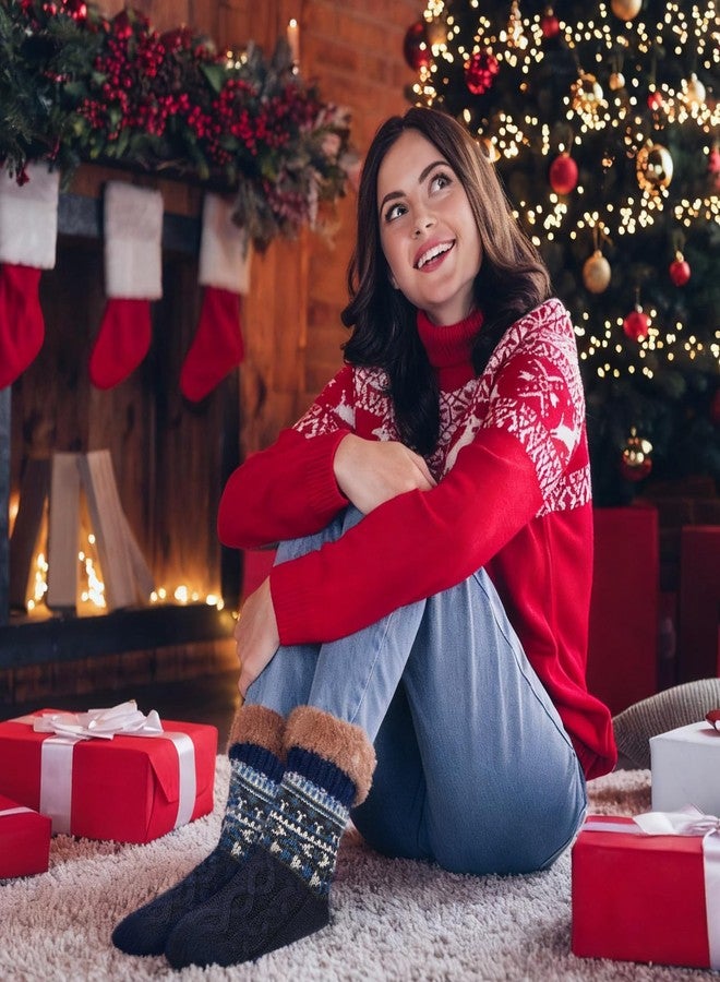 Cutecrop 4 Pairs Fuzzy Socks for Men Women Fleece Lined Thick Slipper Socks Christmas Stocking Stuffers Gifts(8-10 Women/7-9 Men,Grey,Blue) - Image 5