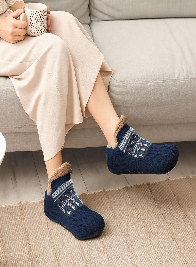 Cutecrop 4 Pairs Fuzzy Socks for Men Women Fleece Lined Thick Slipper Socks Christmas Stocking Stuffers Gifts(8-10 Women/7-9 Men,Grey,Blue) - Image 4