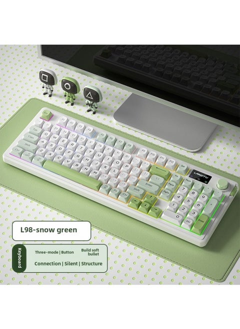 Langtu-L98 Three-model Wireless Bluetooth Mute Keyboard RGB Light Effect Wired Mechanical Feel E-sports Office Keyboard-Color:Snow Green [98 Key Three-mode Connection + Soft Elastic Structure + RGB Light Effect] LOGO Screen