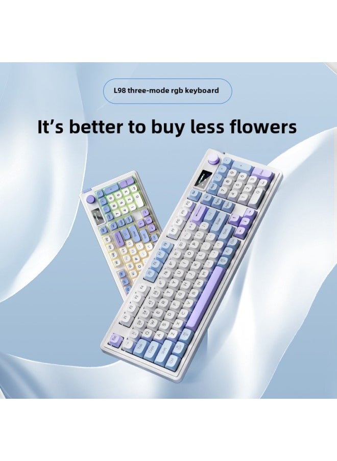 Langtu-L98 Three-model Wireless Bluetooth Mute Keyboard RGB Light Effect Wired Mechanical Feel E-sports Office Keyboard-Color:Snow Green [98 Key Three-mode Connection + Soft Elastic Structure + RGB Light Effect] LOGO Screen