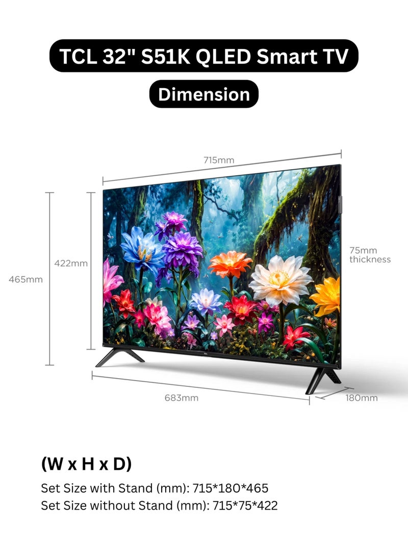 TCL 32-Inch S51K 2K QLED Smart TV (2026 UAE Version) - TCL 32" Google TV, 32S51K FHD QLED TV with Vivid Color, HDR10, Dolby Audio, Google Cast, Game Mode, Kids Profile, Metallic Bezel-Less Slim Design 32S51K Black - Image 2