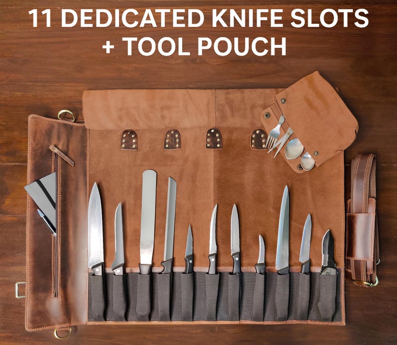 RUSTIC TOWN Full Grain Leather Chef Knife Roll All Purpose Chef Roll (Walnut Brown, Modern) - Image 5