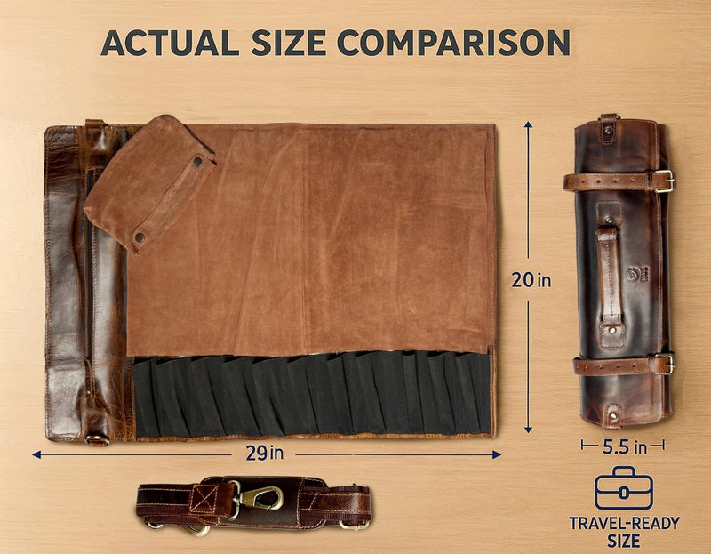 RUSTIC TOWN Full Grain Leather Chef Knife Roll All Purpose Chef Roll (Walnut Brown, Modern) - Image 2