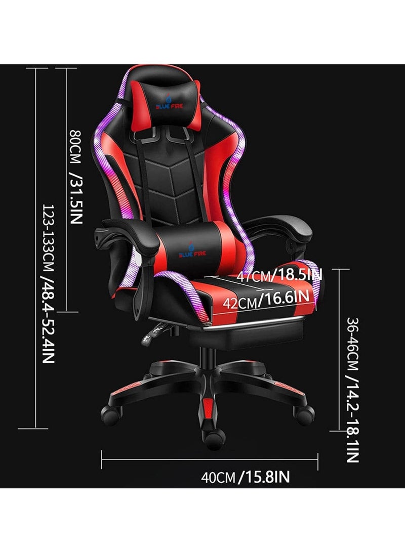 بلو فاير، كرسي ألعاب مزود بإضاءة LED - دعم قطني للتدليك، مكبرات صوت بتقنية البلوتوث، مسند قدم قابل للسحب ومسند ظهر قابل للإمالة | كرسي كمبيوتر مريح للألعاب والمكتب والمنزل | أسود وأحمر - Image 2