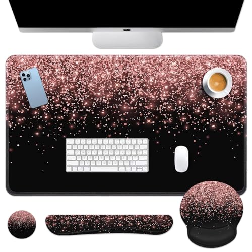 Britimes Rose Gold Pink Keyboard Mouse Pad Set Black Golden 4in1 Large MousepadKeyboard Wrist RestMouse Wrist RestCoaster Ergonomic Design for Home Office Computer 354x157 inches - Image 1