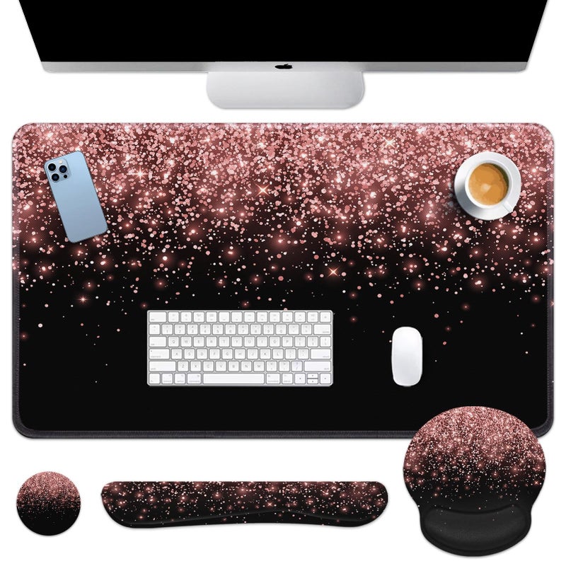 Britimes Rose Gold Pink Keyboard Mouse Pad Set Black Golden 4in1 Large MousepadKeyboard Wrist RestMouse Wrist RestCoaster Ergonomic Design for Home Office Computer 354x157 inches - Image 2