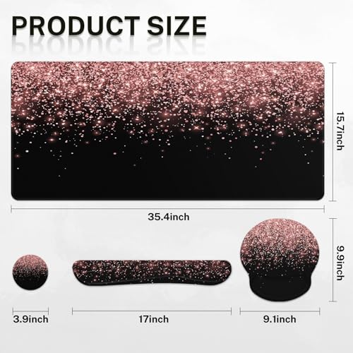 Britimes Rose Gold Pink Keyboard Mouse Pad Set Black Golden 4in1 Large MousepadKeyboard Wrist RestMouse Wrist RestCoaster Ergonomic Design for Home Office Computer 354x157 inches - Image 3