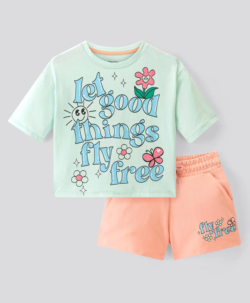 Primo Gino Primo Gino 100% Cotton Half Sleeves Text Print T-Shirt & Shorts Set - Mint & Coral