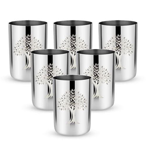 KITCHEN CLUE مجموعة أكواب مصممة من الفولاذ المقاوم للصدأ بوزن ثقيل مع تصميم شجرة مطبوعة - 6 قطع - كأس ماء وعصير للمطبخ المنزلي | تشطيب لامع | حجم مدمج | قابلة للتكديس | سهلة التخزين - Image 1