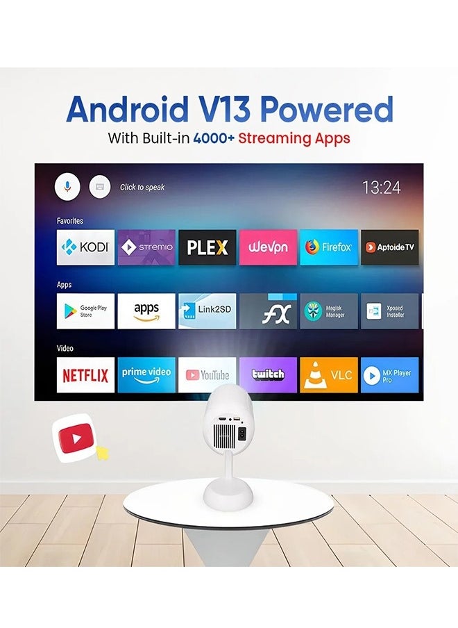 PixelCast Smart Projector – 4K Support, Bluetooth & Wi-Fi, Android 13, 6500 Lumens Brightness, 50,000-Hour Lamp Life, 1-Year Warranty