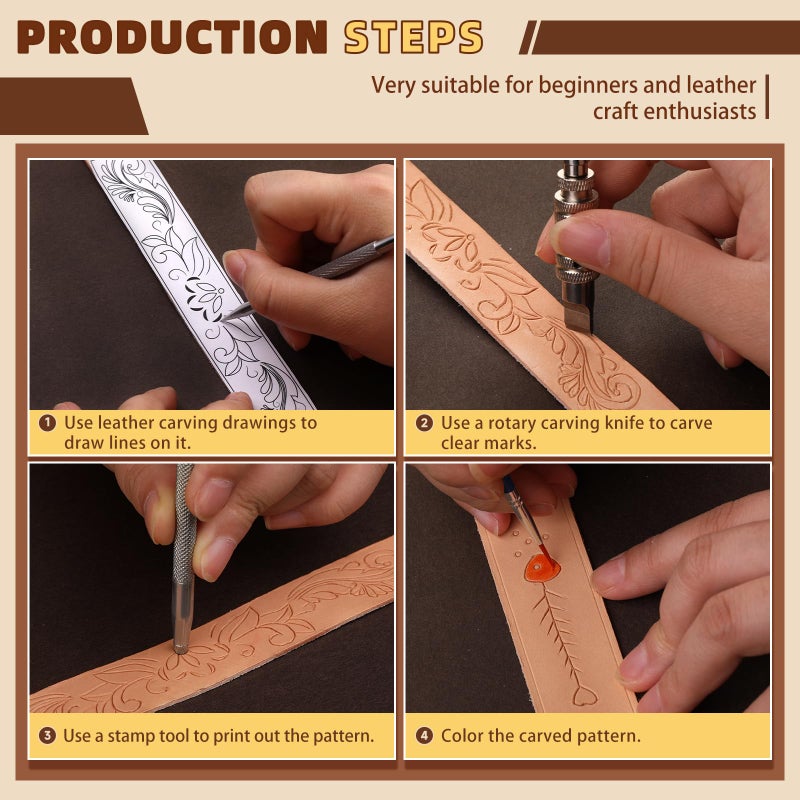 CBHGFEA Leather Crafting Kit: Leather Working Tools and Supplies for DIY Craft Beginners Stamping Dyeing Carving Sewing Edge Sealing with Video Tutorials for Earrings Wallet Keychain Wristband Bookmark - Image 3