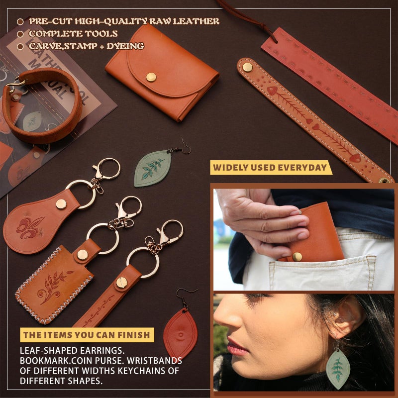 CBHGFEA Leather Crafting Kit: Leather Working Tools and Supplies for DIY Craft Beginners Stamping Dyeing Carving Sewing Edge Sealing with Video Tutorials for Earrings Wallet Keychain Wristband Bookmark - Image 4