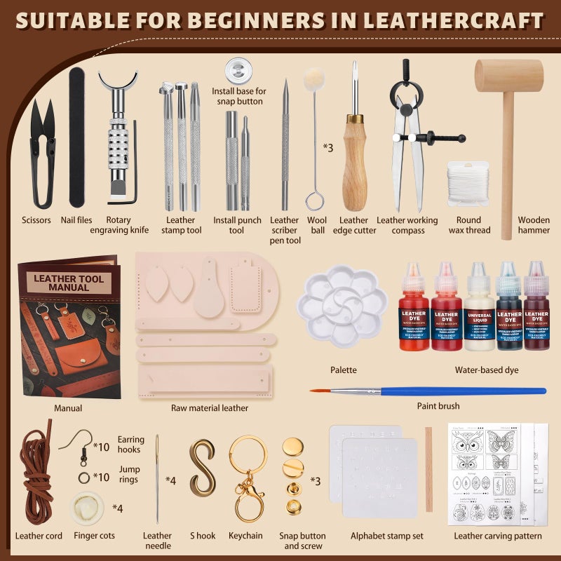 CBHGFEA Leather Crafting Kit: Leather Working Tools and Supplies for DIY Craft Beginners Stamping Dyeing Carving Sewing Edge Sealing with Video Tutorials for Earrings Wallet Keychain Wristband Bookmark - Image 2