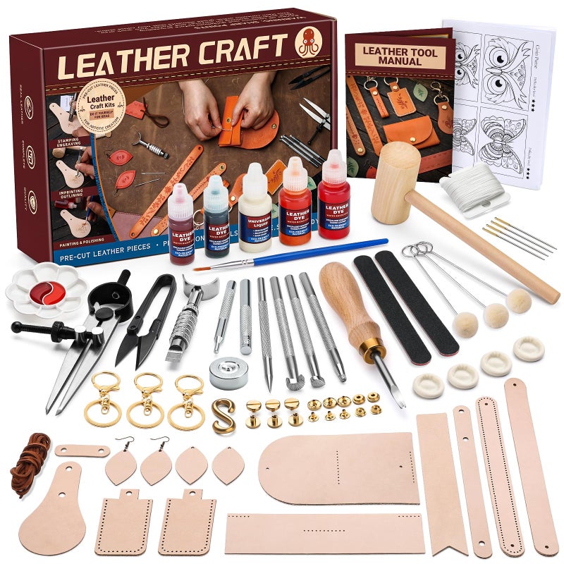 CBHGFEA Leather Crafting Kit: Leather Working Tools and Supplies for DIY Craft Beginners Stamping Dyeing Carving Sewing Edge Sealing with Video Tutorials for Earrings Wallet Keychain Wristband Bookmark - Image 1