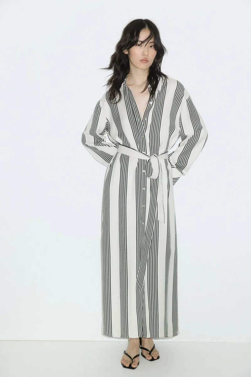 اتش اند ام فستان بتصميم قميص مزود بحزام ربط