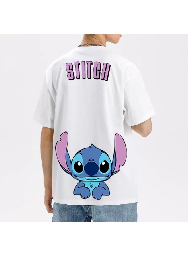 Anime Stitch cotton short-sleeved T-shirt for men and women summer tide brand loose off-shoulder half-sleeved clothes - Image 2