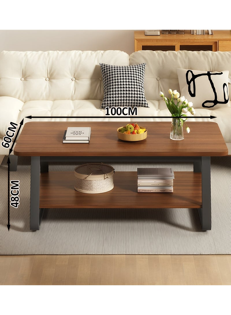 Taimi 2-Tier Wooden Coffee Table with Metal Legs, Modern Design Center Table for Living Room and Office, 100x60x48cm - Brown - Image 2