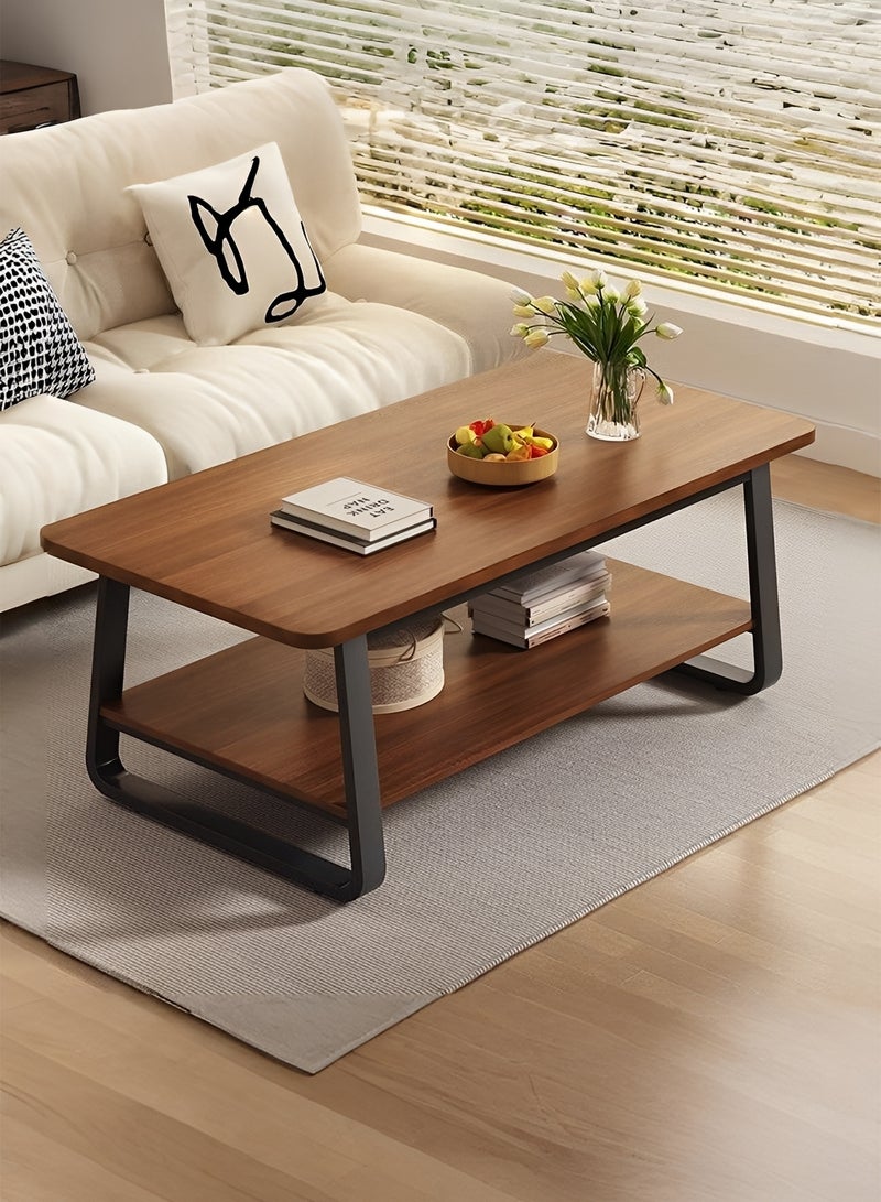 Taimi 2-Tier Wooden Coffee Table with Metal Legs, Modern Design Center Table for Living Room and Office, 100x60x48cm - Brown - Image 1