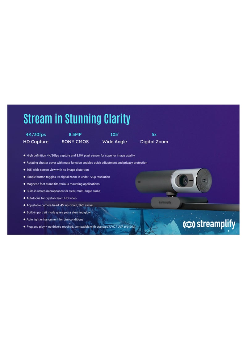 INFINIARC - Streamplify K/30fps, 8.5M pixel sensor, includes a 105° wide-angle view, Rotating shutter cover Webcam Pro - Image 1