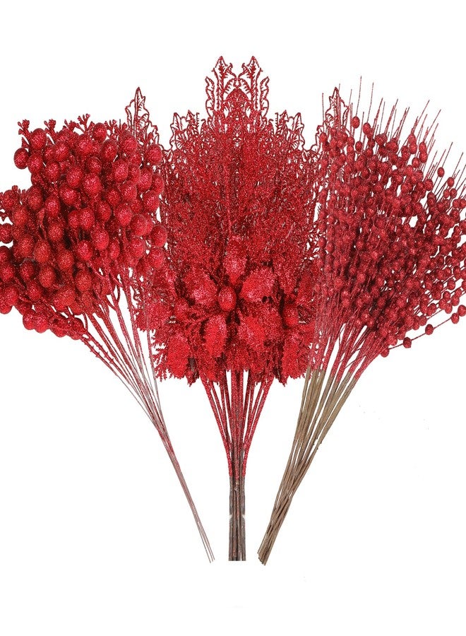 Alupssuc 24 Pcs 3 Styles Glitter Christmas Tree Picks and Holly Berry Stems Christmas Decorations Set, Poinsettia Flowers Artificial for Xmas Tree Ornaments or Party Wreath Fireplace, Red - Image 1