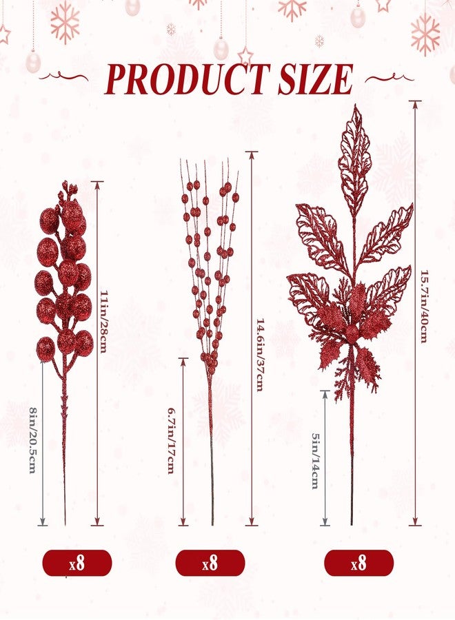 Alupssuc 24 Pcs 3 Styles Glitter Christmas Tree Picks and Holly Berry Stems Christmas Decorations Set, Poinsettia Flowers Artificial for Xmas Tree Ornaments or Party Wreath Fireplace, Red - Image 2
