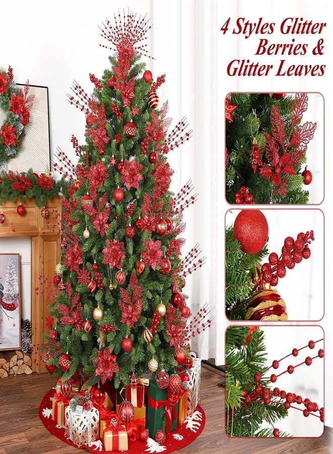 Alupssuc 24 Pcs 3 Styles Glitter Christmas Tree Picks and Holly Berry Stems Christmas Decorations Set, Poinsettia Flowers Artificial for Xmas Tree Ornaments or Party Wreath Fireplace, Red - Image 3