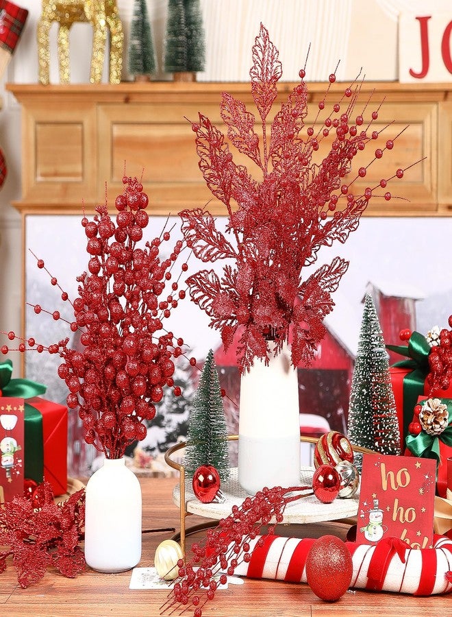 Alupssuc 24 Pcs 3 Styles Glitter Christmas Tree Picks and Holly Berry Stems Christmas Decorations Set, Poinsettia Flowers Artificial for Xmas Tree Ornaments or Party Wreath Fireplace, Red - Image 4