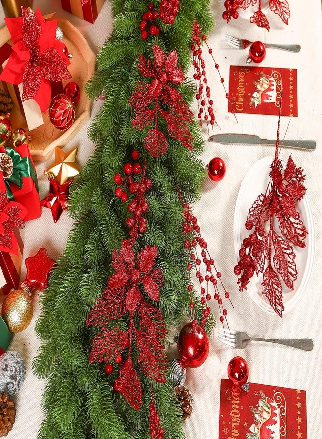 Alupssuc 24 Pcs 3 Styles Glitter Christmas Tree Picks and Holly Berry Stems Christmas Decorations Set, Poinsettia Flowers Artificial for Xmas Tree Ornaments or Party Wreath Fireplace, Red - Image 5