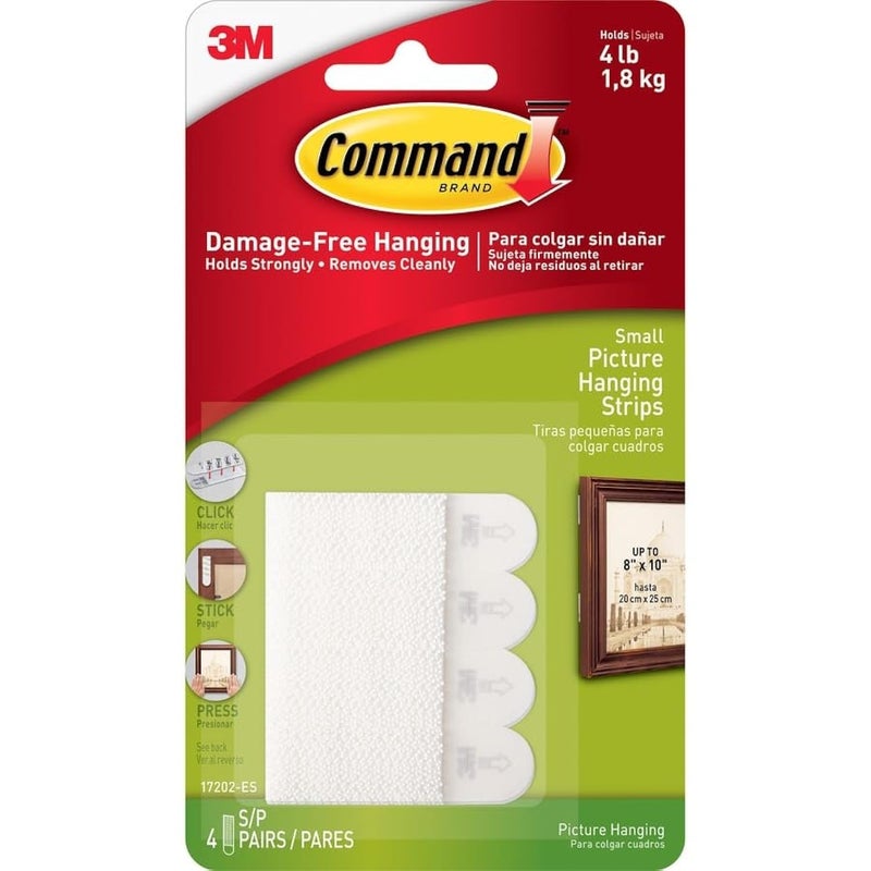 Command 17202 ES Picture Hanging Strips, Small, Holds 1.8 Kg. whole pack, white color. 4 pairs/pack, Decorate Damage-Free - Image 1