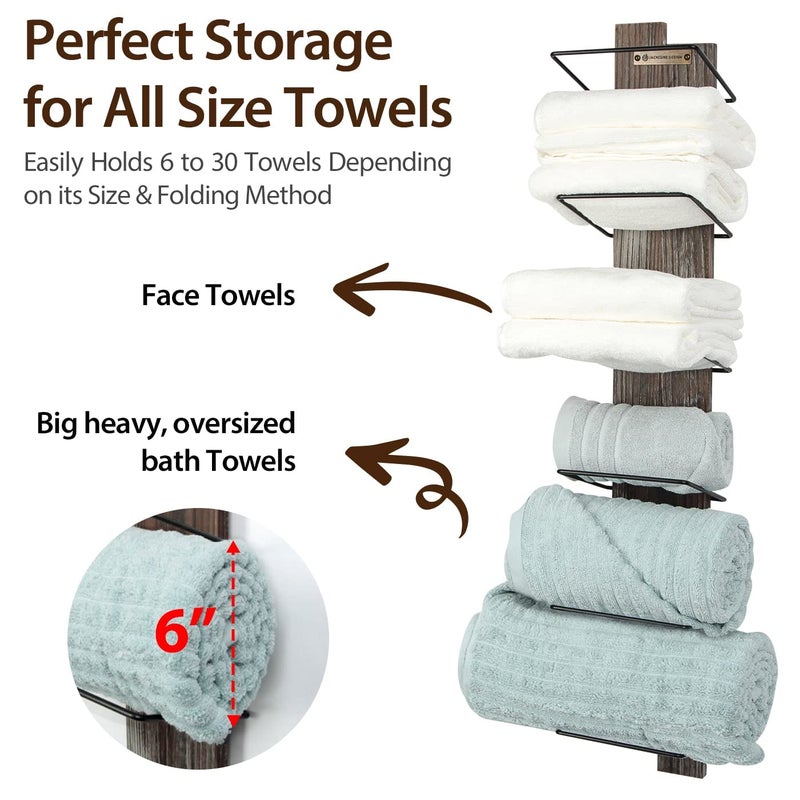 J JACKCUBE DESIGN Wall Mount Rustic Wood and Metal Towel Rack 6 Tier Shelf Holder for Shower & Hand Towels for Bathroom Hanging Storage Multi-Rack - MK594A - Image 2