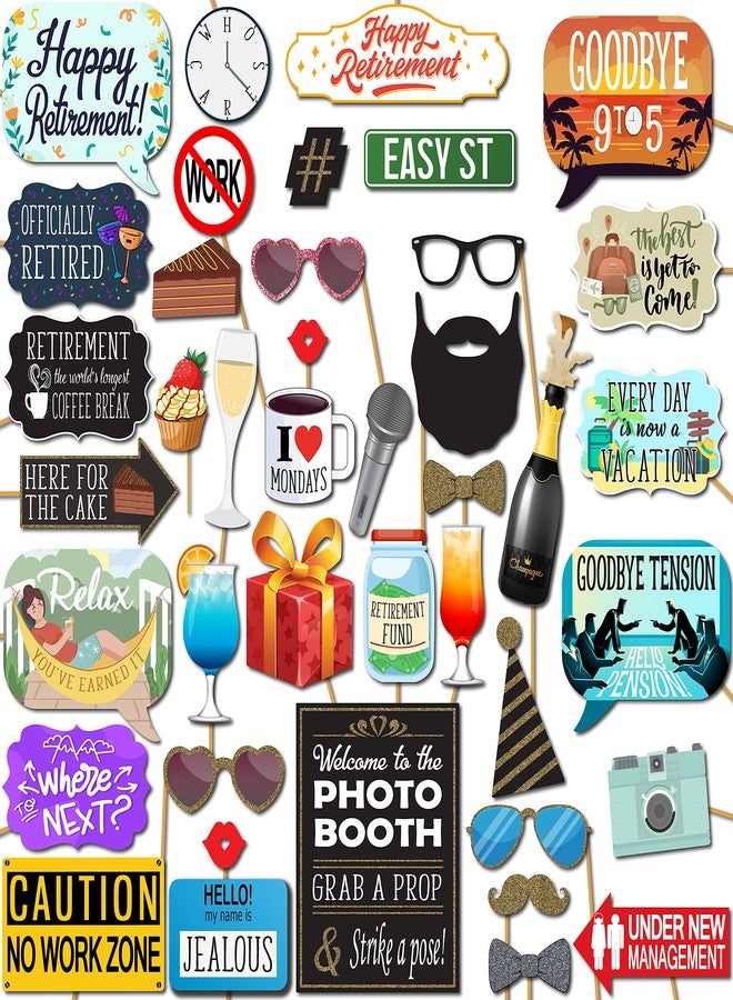 Outside The Booth Retirement Photo Booth Props - 41-pc Photobooth Kit with 8 x 10-Inch Sign, 60 Adhesive Pads, 45 Sticks - Retirement Party Decorations - Retirement Party Props - Image 1