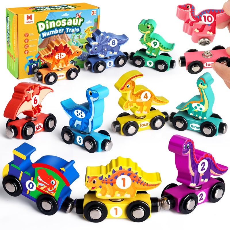 Helsort Wooden Dinosaur Train Set Magnetic Dinosaur Toys and Number Train for Toddlers Educational Montessori Toy for Counting and Motor Skills for 35 Year Old Boys Girls - Image 3