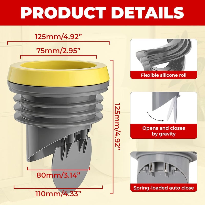 KH866 Toilet Leak-Proof Rubber Seal Drain Pipe Sealing for Ring, Toilet Flange Wax for Ring with Backflow Prevention Valve, Fits 3.2-4 inch Waste Lines, Toilet Flange Sealing for Ring Check Valve (Grey) - Image 2