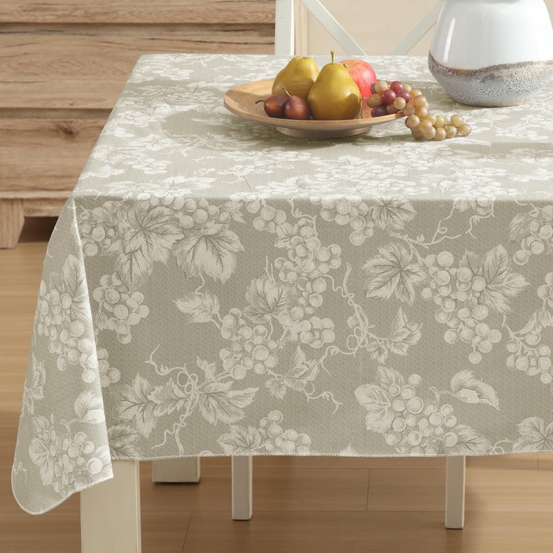 Home Bargains Plus 60 x 104 Inch Rectangle Vinyl Tablecloth with Flannel Backing Traditional Grapevine Print Waterproof Indoor Outdoor Dining Room Party and Banquet Table Cover Ivory