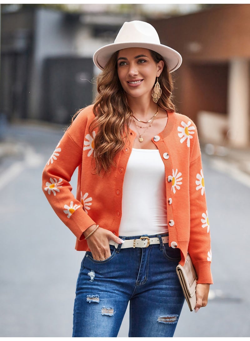 NIBEMINENT Fashion Floral Knitted Cardigan Women Sweaters Soft Spring Autumn Coat Button Long Sleeve Tops Design Outerwear Cardigans - Image 2