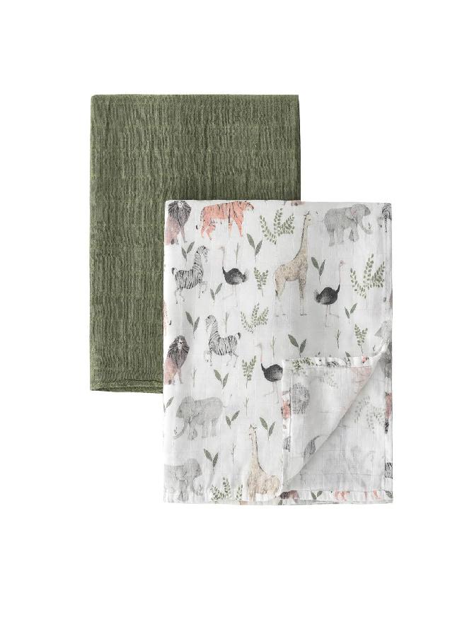Little Jump Little Jump Bamboo Muslin Swaddle Blankets - 2 Pack Jungle & Green - Softest Baby Receiving Blankets for Boys and Girls (Jungle & Green)  - Image 2