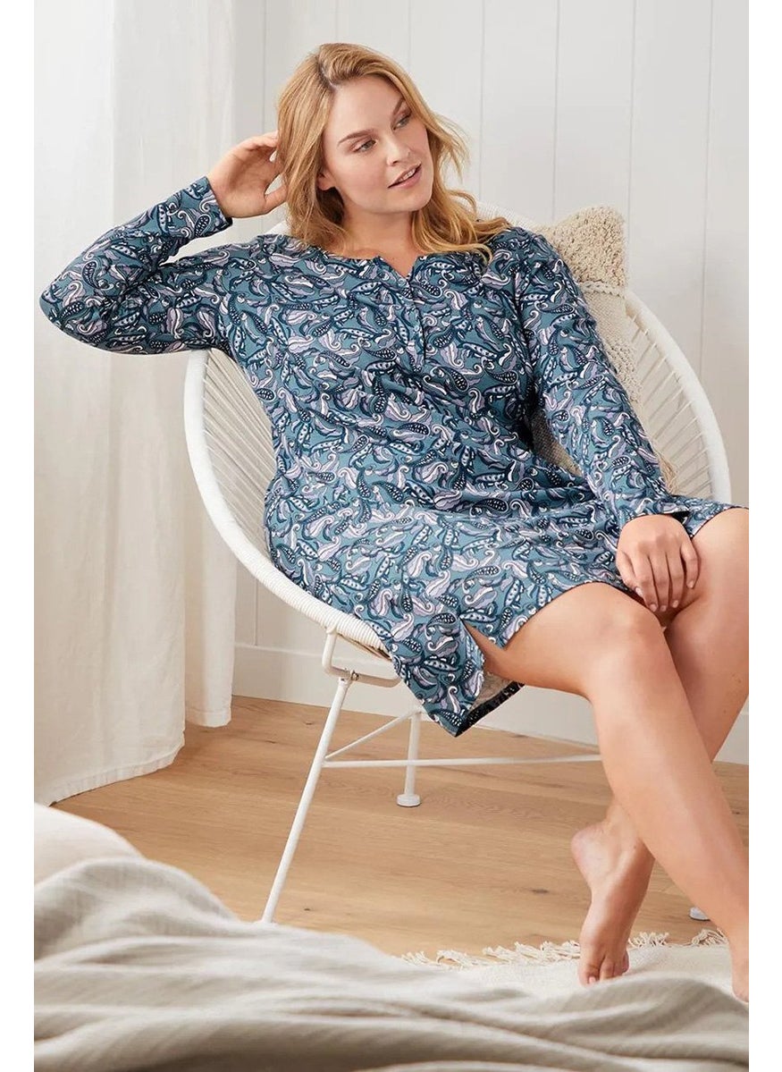 Tchibo Women Split Neck Long Sleeve Printed Night Dress, Blue  - Image 1