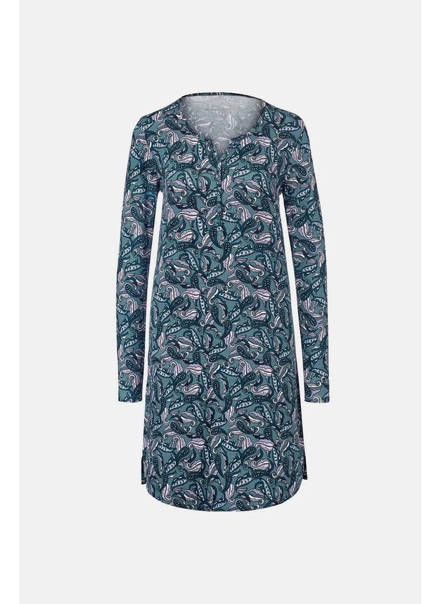 Tchibo Women Split Neck Long Sleeve Printed Night Dress, Blue  - Image 2
