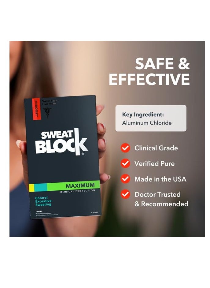 SweatBlock Max Clinical Antiperspirant Wipes - For Excessive Sweating & Hyperhidrosis - Up to 7 Days Protection/Wipe - Unisex - 10 Wipes