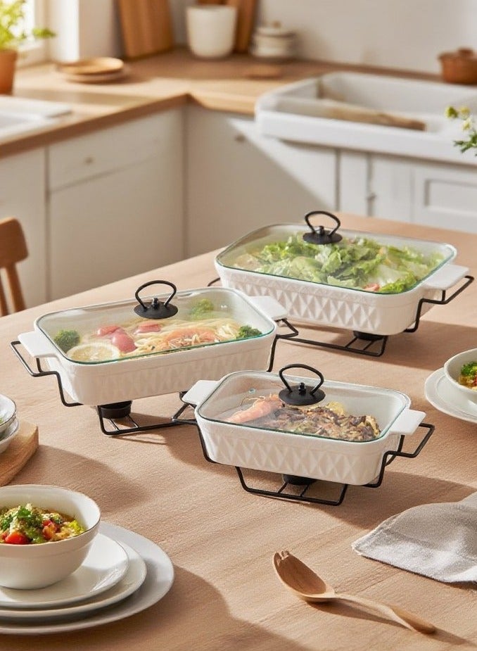 دوف طقم دفايات طعام مستطيلة من البورسلان مكوّن من 3 قطع مع حامل شمع وغطاء زجاجي – أبيض/أسود، بالمقاسات 10 + 12 + 14.5 بوصة - Image 1